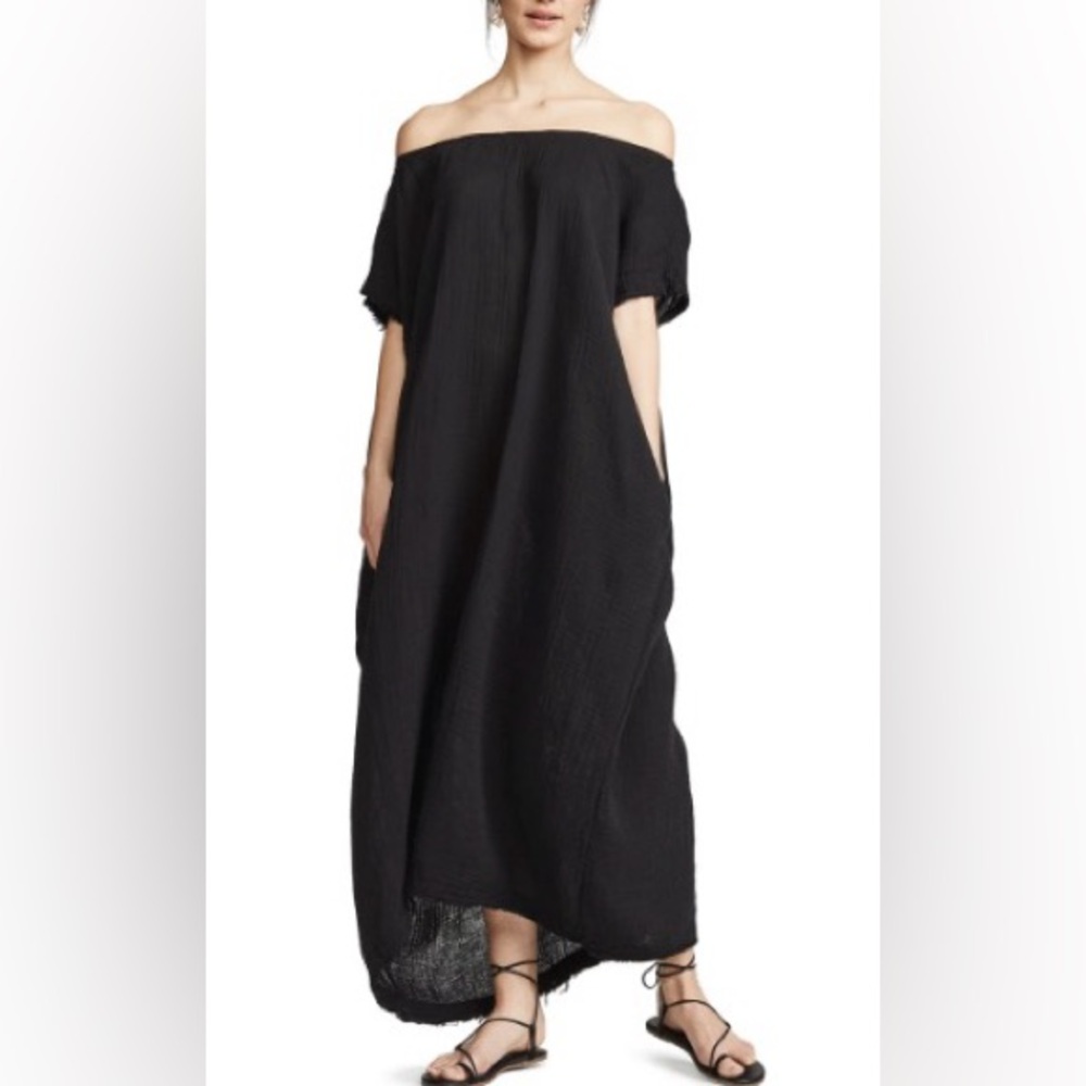 9Seed Moonstone Off Shoulder Caftan Black Gauze Maxi